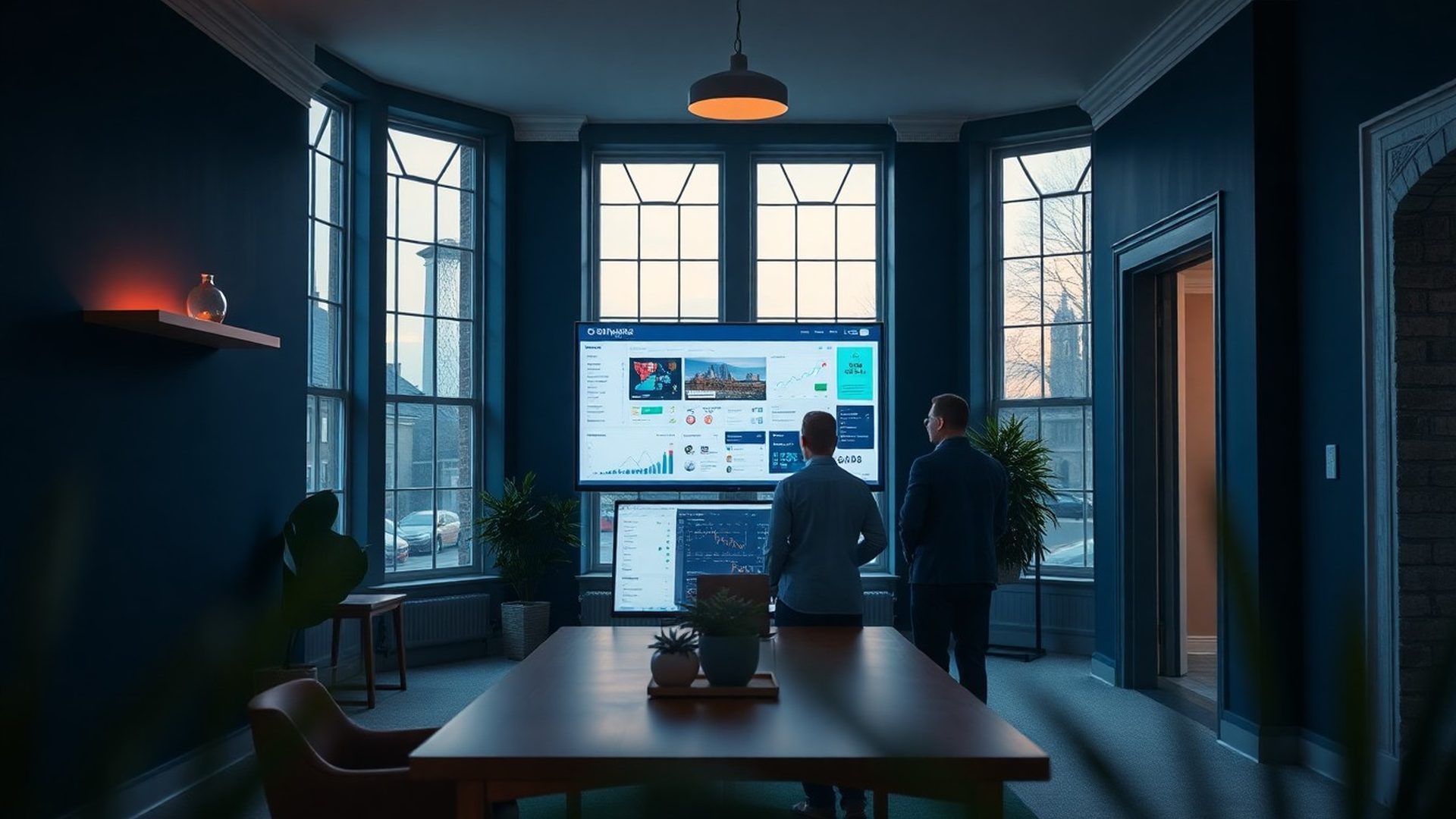 Cork office at dusk with two strategists reviewing a content dashboard