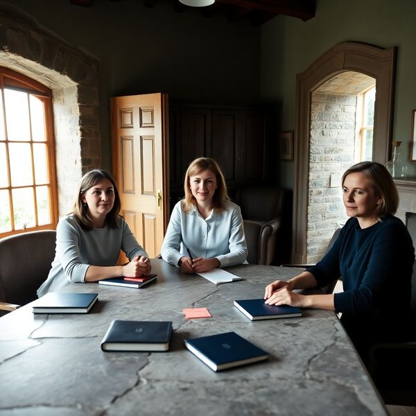 Three-person Sterling Society team reviewing notes in a Cork meeting room